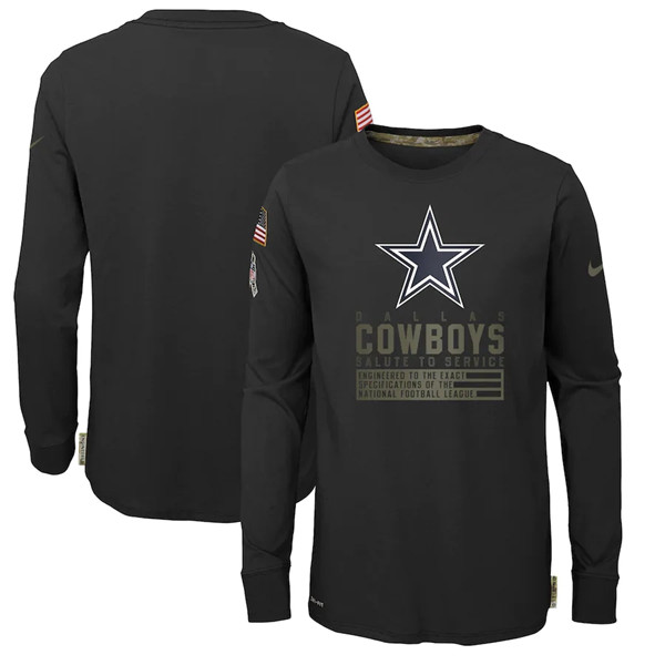 Youth Dallas Cowboys 2020 Black Salute To Service Sideline Performance Long Sleeve T-Shirt